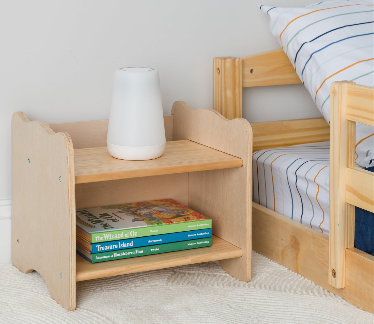 Nightstand for floor beds designed in the Montessori style