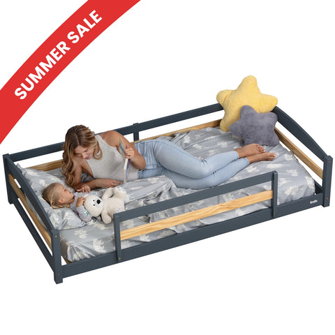 Twin Floor Bed with Safety Guardrails for Kids - Montessori Inspired
